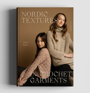 Book cover titled 'Nordic Textures in Crochet Garments' featuring two women wearing knitted sweaters.