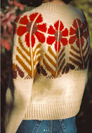 Back view of a person wearing a knitted sweater with a geometric pattern.
