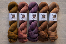 Load image into Gallery viewer, Five skeins of yarn in various colors with labels on a neutral background