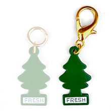 Load image into Gallery viewer, Two tree-shaped &#39;Fresh&#39; air freshener charms on a white background