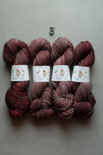 Load image into Gallery viewer, Four skeins of variegated yarn in deep burgundy, maroon, and brown shades, arranged in two rows on a neutral gray background with a small metal '3' above them. Each skein has a white paper label with a bird illustration.