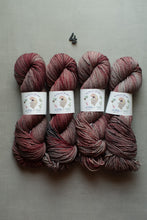 Load image into Gallery viewer, Four skeins of variegated yarn in a dusty rose, burgundy, and brown marled pattern, arranged in two rows on a neutral gray background with a small black number 4 above them.