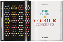 Load image into Gallery viewer, Open book titled &#39;The Book of Colour Concepts&#39; by Taschen with colorful dot pattern on black background