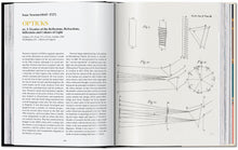 Load image into Gallery viewer, Open book with scientific diagrams and text on optics, featuring Isaac Newton&#39;s work.