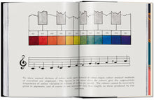 Load image into Gallery viewer, Open book with musical notation and color swatches