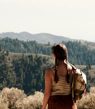 Load image into Gallery viewer, Person with a backpack looking at a scenic view of mountains and trees
