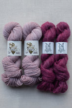 Load image into Gallery viewer, Four skeins of yarn from Fishrun, arranged in two columns of two. The left column contains dusty mauve and light mauve yarns, while the right column contains deep berry and plum yarns.