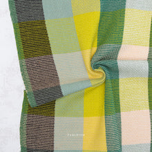 Load image into Gallery viewer, Close-up of a plaid fabric with green, yellow, and brown colors on a white background.
