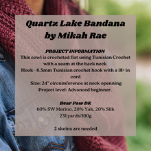 Load image into Gallery viewer, Quartz Lake Bandana by Mikah Rae with project information overlay