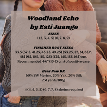 Load image into Gallery viewer, Text overlay on a blurred background with &#39;Woodland Echo by Esti Juango&#39; knitting pattern details.