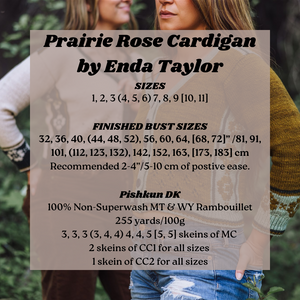 Person wearing a Prairie Rose Cardigan by Enda Taylor with product details overlayed.