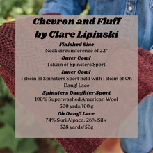 Load image into Gallery viewer, Product label for &#39;Chevron and Fluff by Clare Lipinski&#39; with yarn details.