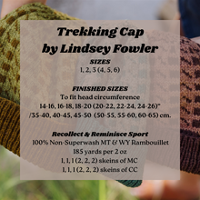 Load image into Gallery viewer, Card with knitting pattern details for a &#39;Trekking Cap&#39; by Lindsey Fowler, showing yarn types and sizes.