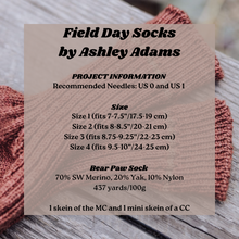 Load image into Gallery viewer, Knitted sock with yarn and project information card for &#39;Field Day Socks by Ashley Adams&#39; on a wooden surface.