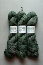 Load image into Gallery viewer, Three skeins of Great Falls Mountain yarn in a variegated green and gray colorway, arranged side-by-side on a neutral gray background with a small metal number '1' above them.