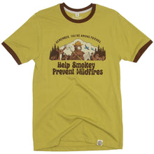 Load image into Gallery viewer, Yellow t-shirt with Smokey Bear graphic and text on a white background