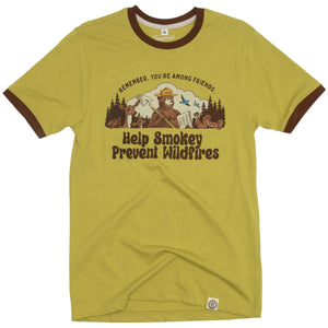 Yellow t-shirt with Smokey Bear graphic and text on a white background