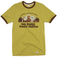 Yellow t-shirt with Smokey Bear graphic and text on a white background
