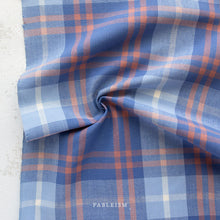 Load image into Gallery viewer, Blue and orange plaid fabric with 'Fableism' branding on a light gray background