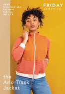 Woman wearing an orange and pink track jacket with 'Friday Pattern Co.' branding on a yellow background.