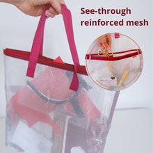 Load image into Gallery viewer, Mesh laundry bag with pink handles and red zipper, showing see-through reinforced mesh.
