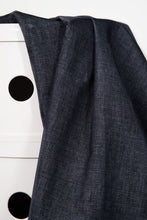 Load image into Gallery viewer, Dark blue fabric draped over a white surface with black circular patterns.