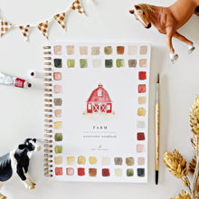 Load image into Gallery viewer, Color swatch workbook titled &#39;Farm&#39; with a toy horse, cow, and paintbrush on a white background.