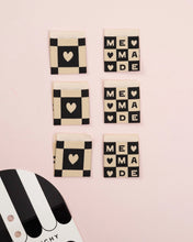 Load image into Gallery viewer, Set of decorative tiles with 'ME MADE' and heart designs on a pink background