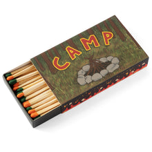 Load image into Gallery viewer, Matches with a &#39;CAMP&#39; box featuring a campfire design on a white background