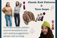 Load image into Gallery viewer, Promotional image for classic knit patterns and yarn inspiration with people wearing knitted items and yarn balls.