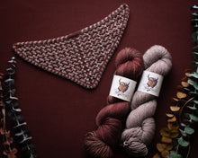 Load image into Gallery viewer, Two skeins of yarn with labels on a maroon background