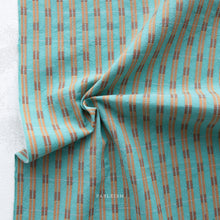 Load image into Gallery viewer, Teal fabric with brown and beige stripes on a white background
