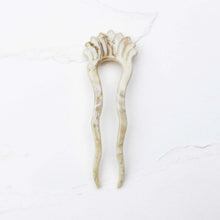 Load image into Gallery viewer, Pair of decorative bone hairpins on a white background