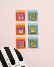 Load image into Gallery viewer, Colorful fabric sample bags with text on a light pink background