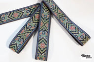 Decorative ribbon with geometric pattern on a white background, featuring the brand 'Boho Fabrics'.