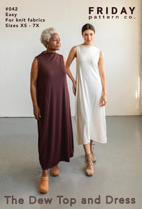 Two women wearing a brown Dew Top and white Dress with 'Friday Pattern Co.' branding.