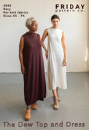 Two women wearing a brown Dew Top and white Dress with 'Friday Pattern Co.' branding.