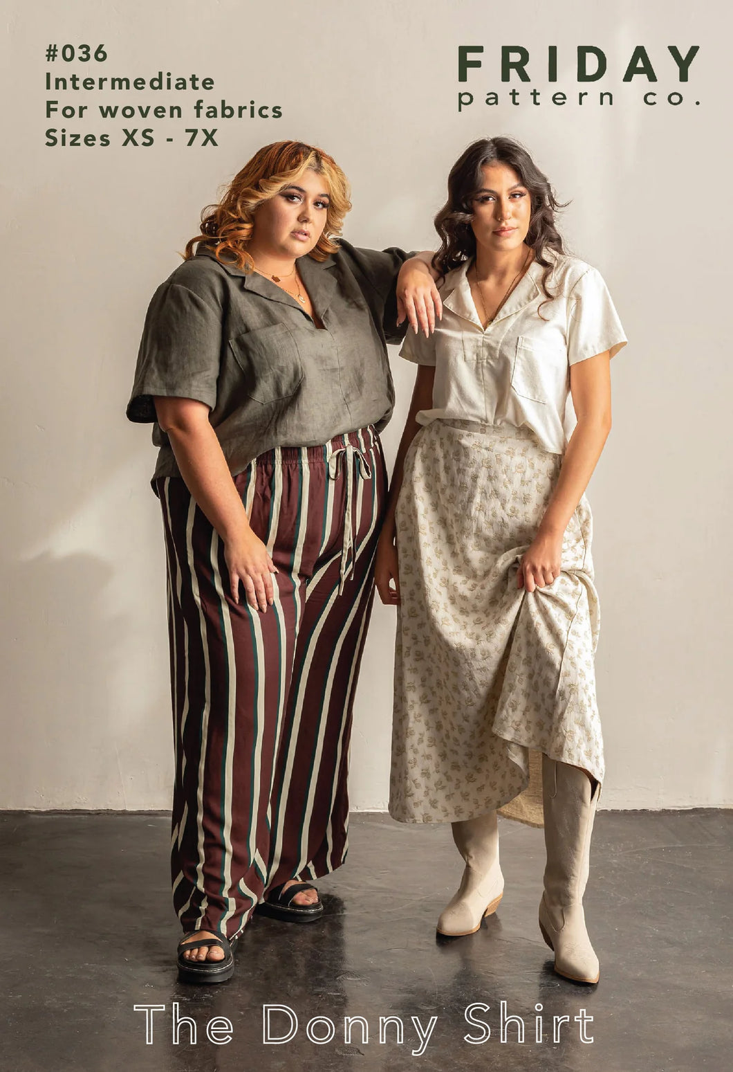 Two women wearing 'The Donny Shirt' from Friday Pattern Co. with text about fabric size and pattern.
