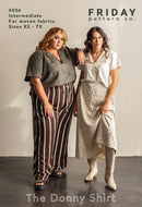 Two women wearing 'The Donny Shirt' from Friday Pattern Co. with text about fabric size and pattern.