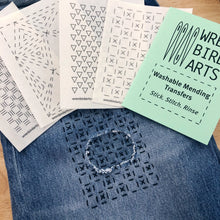 Load image into Gallery viewer, Washable mending transfers on denim fabric with a green label.