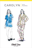 Design of pajamas with a person wearing blue denim shorts and a top, and another in floral pajama set on a white background.