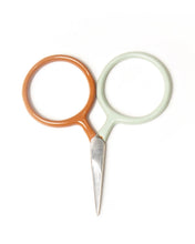 Load image into Gallery viewer, Pair of small scissors with orange and green handles on a white background