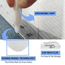 Load image into Gallery viewer, Fabric marker with ergonomic grip and dosing wheel technology on a cutting mat.