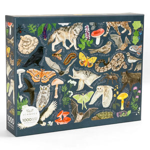 Jigsaw puzzle box with nature-themed illustrations on a blue background