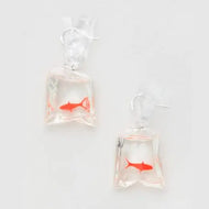 Square-shaped earrings with red fish design on a white background