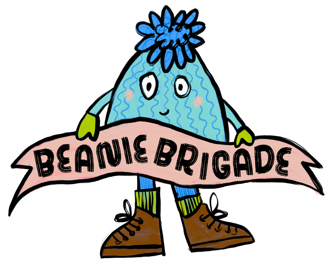 Cartoon character wearing a blue beanie with a flower, holding a banner with 'Beanie Brigade' text on a white background.