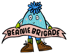 Load image into Gallery viewer, Cartoon character holding a 'Beanie Brigade' banner with a blue beanie on a black background