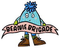 Cartoon character holding a 'Beanie Brigade' banner with a blue beanie on a black background