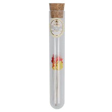 Load image into Gallery viewer, A clear glass test tube with a cork stopper, containing several silver-colored metal pins with red and yellow decorative tops. A round label on the tube reads 'Yellow Gold Collares &amp; Head Pins Mumbai'.