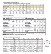 Load image into Gallery viewer, Measurement chart for fabric and garment dimensions with a small illustration of a shirt.